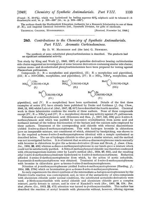 240. Contributions to the chemistry of synthetic antimalarials. Part VIII. Aromatic carbinolamines