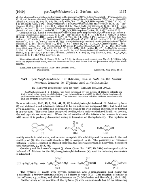 241. periNaphthindane-1 : 2 : 3-trione, and a note on the colour reaction between its hydrate and α-amino-acids