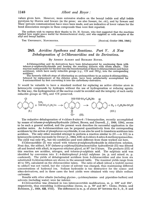 245. Acridine syntheses and reactions. Part V. A new dehalogenation of 5-chloroacridine and its derivatives