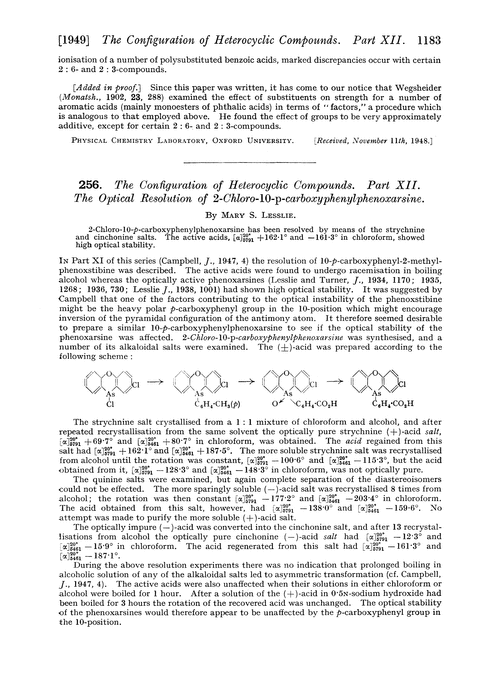 256. The configuration of heterocyclic compounds. Part XII. The optical resolution of 2-chloro-10-p-carboxyphenylphenoxarsine