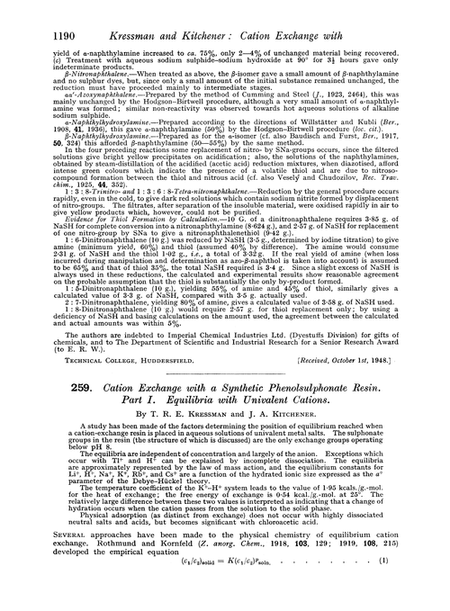 259. Cation exchange with a synthetic phenolsulphonate resin. Part I. Equilibria with univalent cations