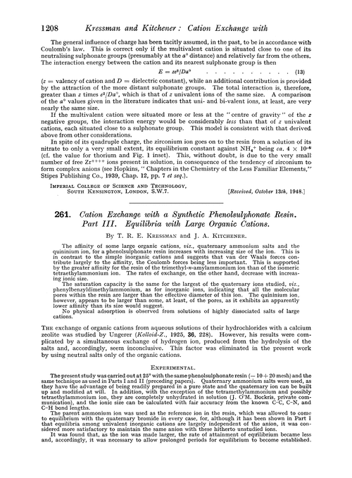 261. Cation exchange with a synthetic phenolsulphonate resin. Part III. Equilibria with large organic cations