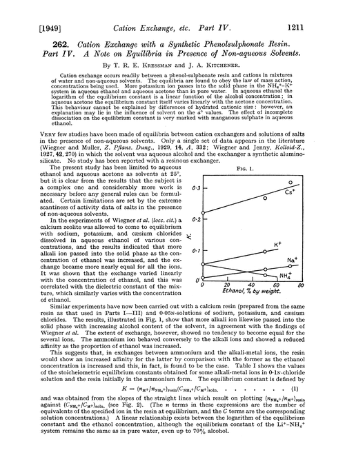 262. Cation exchange with a synthetic phenolsulphonate resin. Part IV. A note on equilibria in presence of non-aqueous solvents