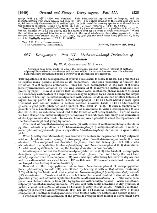 267. Deoxy-sugars. Part III. Methanesulphonyl derivatives of D-arabinose