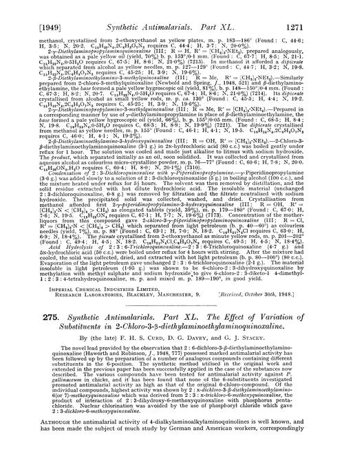 275. Synthetic antimalarials. Part XL. The effect of variation of substituents in 2-chloro-3-β-diethylaminoethylaminoquinoxaline