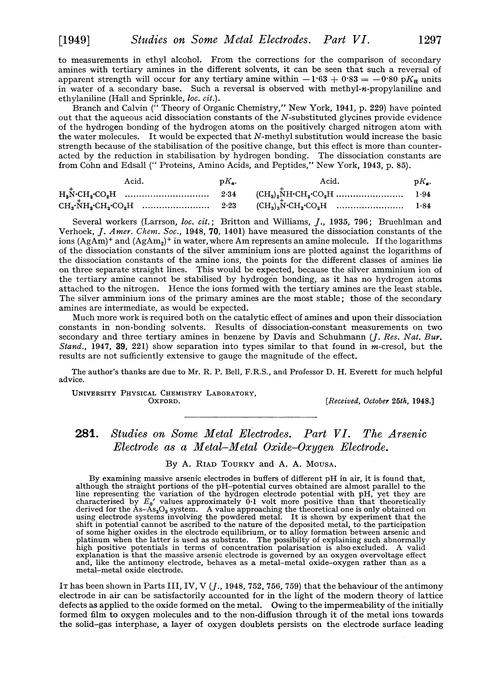 281. Studies on some metal electrodes. Part VI. The arsenic electrode as a metal–metal oxide–oxygen electrode