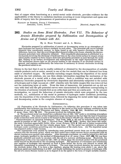 282. Studies on some metal electrodes. Part VII. The behaviour of arsenic electrodes prepared by sublimation and decomposition of arsine out of contact with air