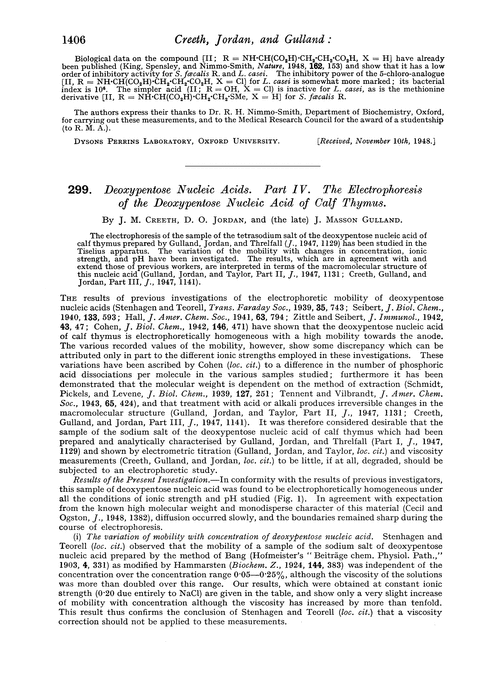 299. Deoxypentose nucleic acids. Part IV. The electrophoresis of the deoxypentose nucleic acid of calf thymus