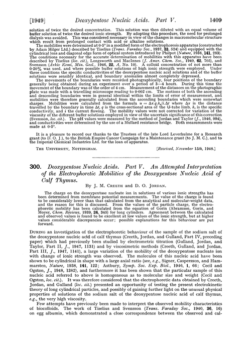 300. Deoxypentose nucleic acids. Part V. An attempted interpretation of the electrophoretic mobilities of the deoxypentose nucleic acid of calf thymus