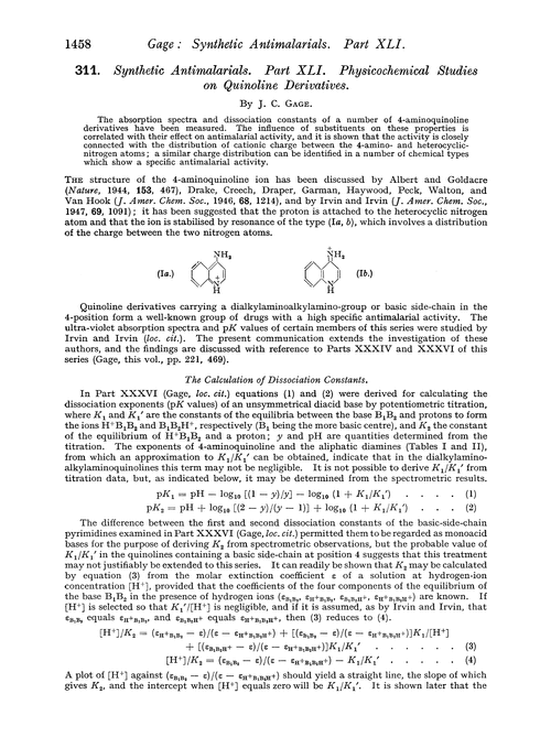 311. Synthetic antimalarials. Part XLI. Physicochemical studies on quinoline derivatives