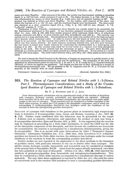 315. The reaction of cyanogen and related nitriles with 1 : 3-dienes. Part I. Thermodynamic considerations, and a study of the uncatalysed reaction of cyanogen and related nitriles with 1 : 3-butadiene