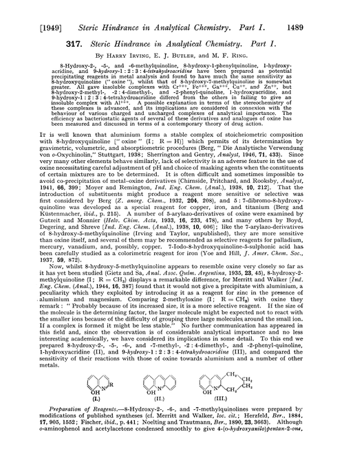 317. Steric hindrance in Analytical Chemistry. Part I