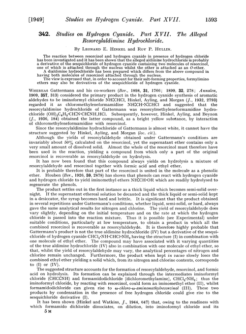 342. Studies on hydrogen cyanide. Part XVII. The alleged resorcylaldimine hydrochloride