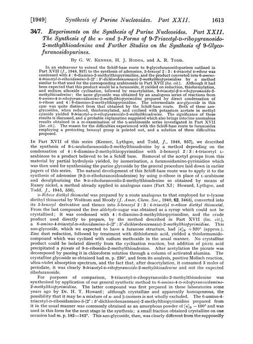 347. Experiments on the synthesis of purine nucleosides. Part XXII. The synthesis of the α- and β-forms of 9-triacetyl-D-ribopyranosido-2-methylthioadenine and further studies on the synthesis of 9-glycofuranosidopurines