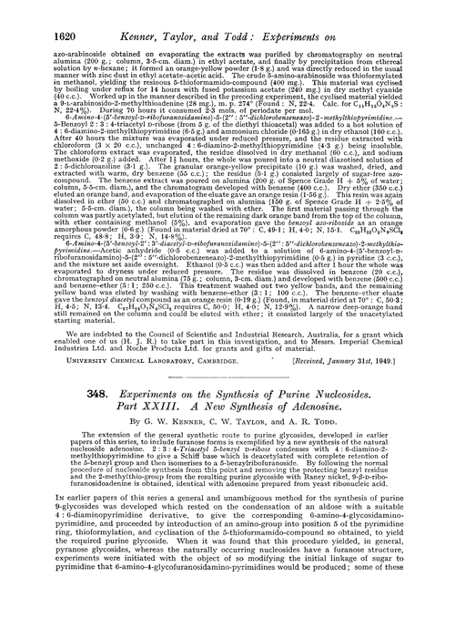 348. Experiments on the synthesis of purine nucleosides. Part XXIII. A new synthesis of adenosine