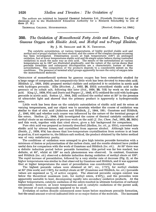 350. The oxidation of monoethenoid fatty acids and esters. Union of gaseous oxygen with elaidic acid, and methyl and n-propyl elaidate