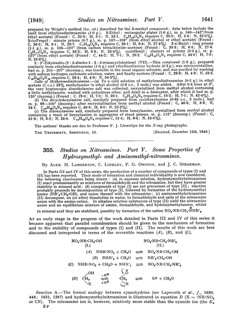355. Studies on nitroamines. Part V. Some properties of hydroxymethyl- and aminomethyl-nitroamines