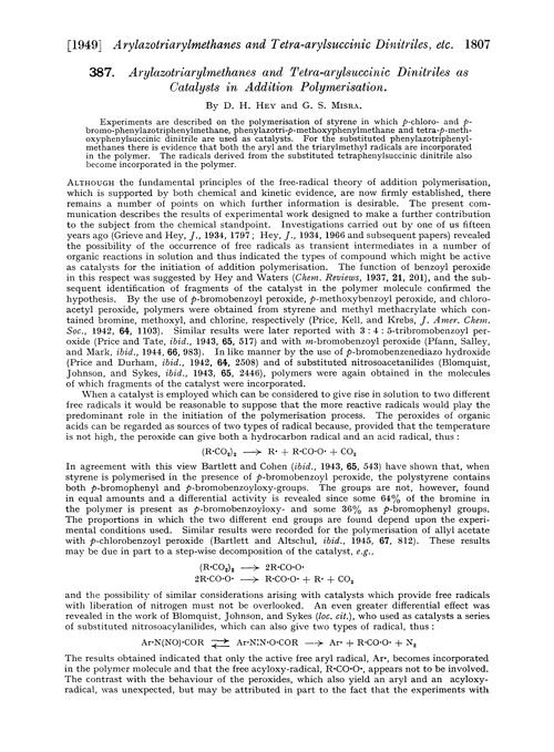 387. Arylazotriarylmethanes and tetra-arylsuccinic dinitriles as catalysts in addition polymerisation