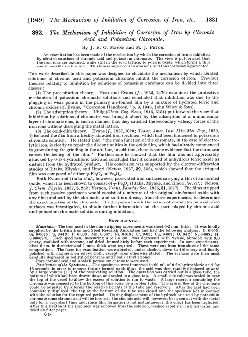 392. The mechanism of inhibition of corrosion of iron by chromic acid and potassium chromate