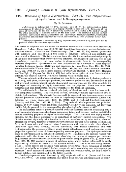 411. Reactions of cyclic hydrocarbons. Part II. The polymerisation of cyclohexene and 1-methylcyclopentene