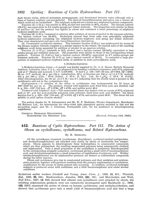 412. Reactions of cyclic hydrocarbons. Part III. The action of oleum on cyclohexane, cyclohexene, and related hydrocarbons