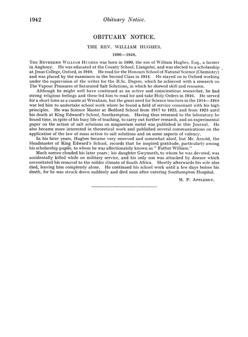 Obituary notice: The Rev. William Hughes, 1890–1948