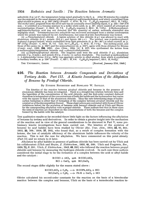 416. The reaction between aromatic compounds and derivatives of tertiary acids. Part III. A kinetic investigation of the alkylation of benzene by pivaloyl chloride