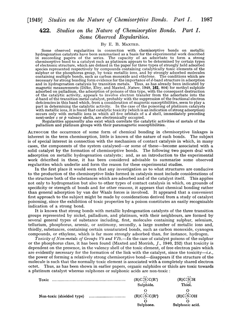 422. Studies on the nature of chemisorptive bonds. Part I. Some observed regularities