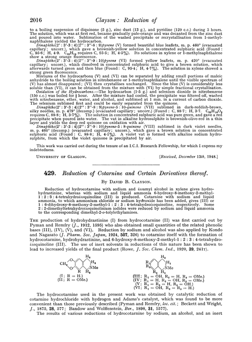 429. Reduction of cotarnine and certain derivatives thereof