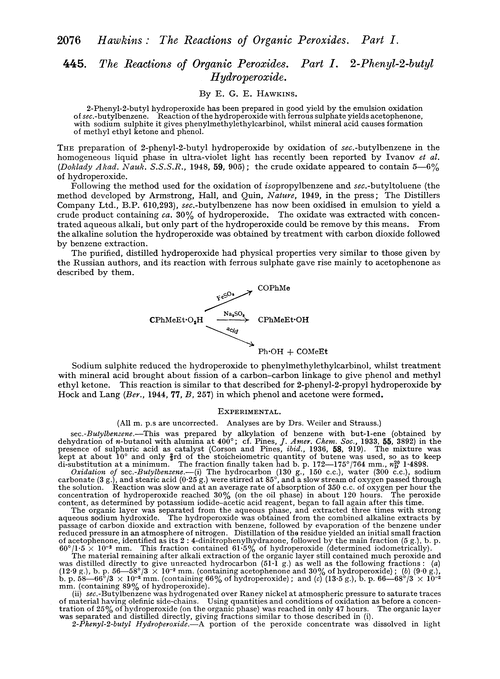 445. The reactions of organic peroxides. Part I. 2-Phenyl-2-butyl hydroperoxide
