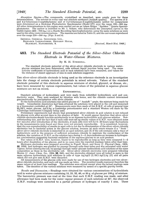 483. The standard electrode potential of the silver–silver chloride electrode in water–glucose mixtures