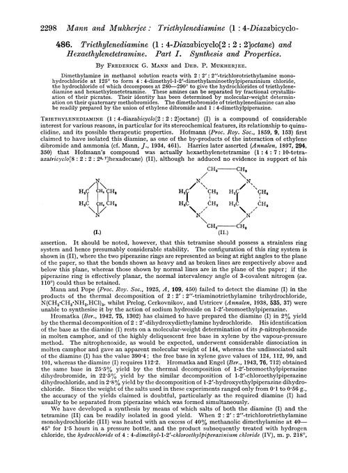 486. Triethylenediamine (1 : 4-diazabicyclo[2 : 2 : 2]octane) and hexaethylenetetramine. Part I. Synthesis and properties