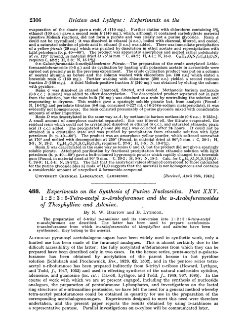488. Experiments on the synthesis of purine nucleosides. Part XXV. 1 : 2 : 3 : 5-Tetra-acetyl D-arabofuranose and the D-arabofuranosides of theophylline and adenine