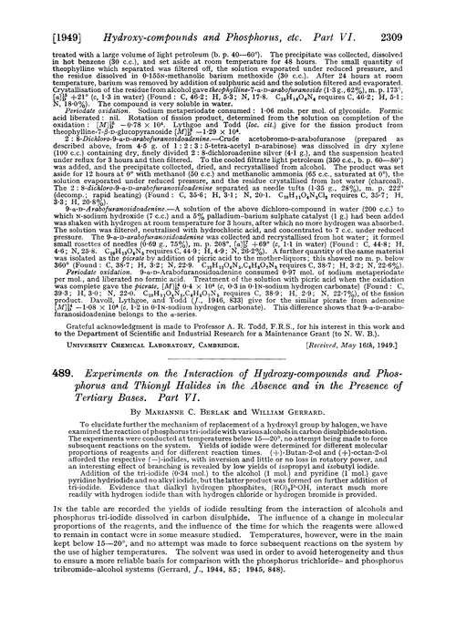 489. Experiments on the interaction of hydroxy-compounds and phosphorus and thionyl halides in the absence and in the presence of tertiary bases. Part VI