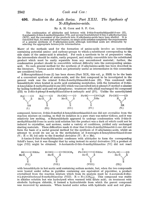 496. Studies in the azole series. Part XXII. The synthesis of N-alkylamino-acids