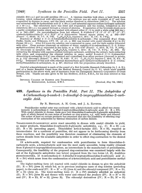 499. Syntheses in the penicillin field. Part II. The anhydrides of 4-carbomethoxy-3-oxalo-5 : 5-dimethyl-2-isopropylthiazolidine-2-carboxylic acid