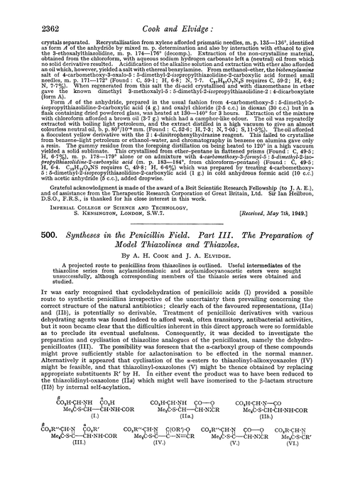 500. Syntheses in the penicillin field. Part III. The preparation of model thiazolines and thiazoles