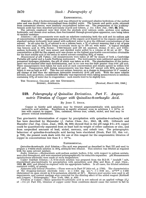 519. Polarography of quinoline derivatives. Part V. Amperometric titration of copper with quinoline-8-carboxylic acid