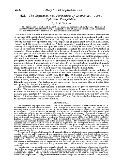 526. The separation and purification of lanthanum. Part I. Hydroxide precipitation