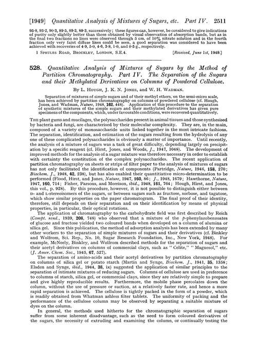 528. Quantitative analysis of mixtures of sugars by the method of partition chromatography. Part IV. The separation of the sugars and their methylated derivatives on columns of powdered cellulose