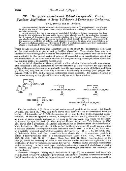 531. Deoxyribonucleosides and related compounds. Part I. Synthetic applications of some 1-halogeno 2-deoxy-sugar derivatives