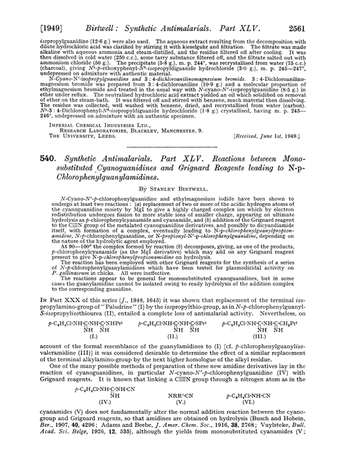 540. Synthetic antimalarials. Part XLV. Reactions between monosubstituted cyanoguanidines and grignard reagents leading to N-p-chlorophenylguanylamidines