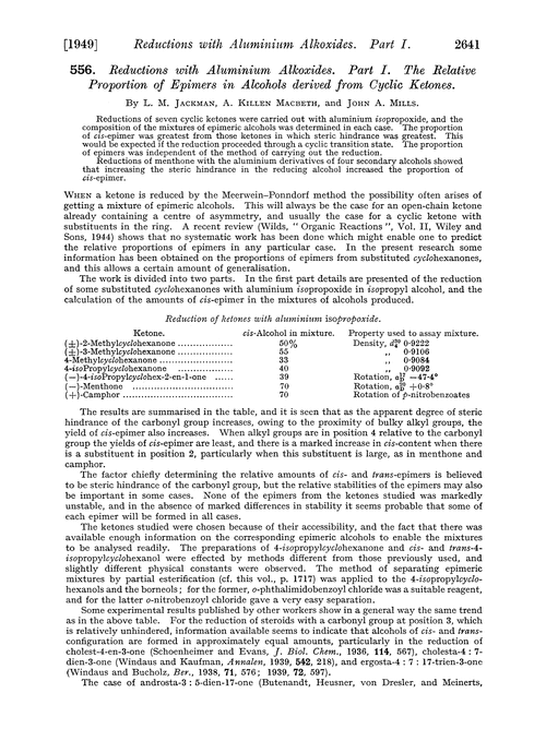 556. Reductions with aluminium alkoxides. Part I. The relative proportion of epimers in alcohols derived from cyclic ketones