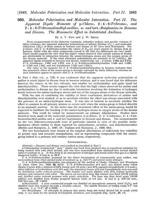 560. Molecular polarisation and molecular interaction. Part II. The apparent dipole moments of p-chloro-, 2 : 4 : 6-tribromo-, and 2 : 4 : 6-tribromodimethyl-aniline, n- and tert.-butylamine in benzene and dioxan. The mesomeric effect in substituted anilines