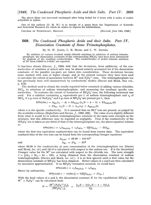 568. The condensed phosphoric acids and their salts. Part IV. Dissociation constants of some trimetaphosphates