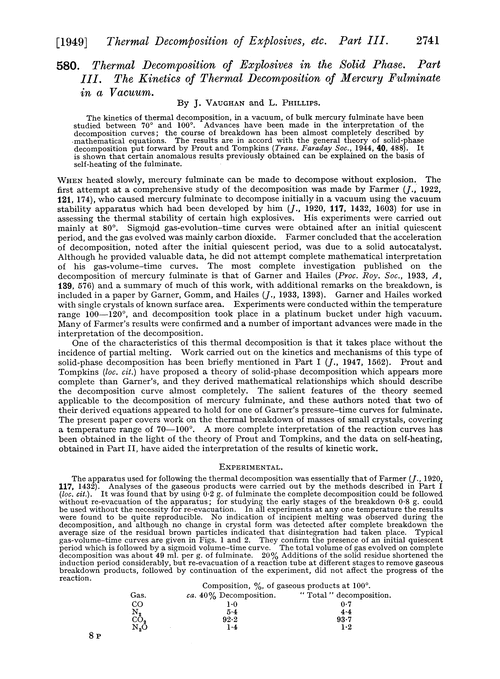 580. Thermal decomposition of explosives in the solid phase. Part III. The kinetics of thermal decomposition of mercury fulminate in a vacuum