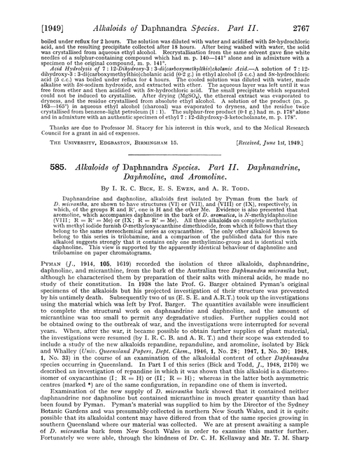 585. Alkaloids of Daphnandra species. Part II. Daphnandrine, daphnoline, and aromoline
