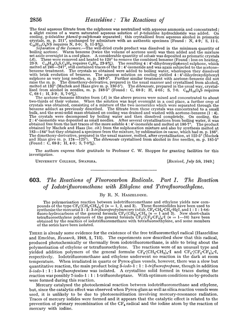 603. The reactions of fluorocarbon radicals. Part I. The reaction of iodotrifluoromethane with ethylene and tetrafluoroethylene