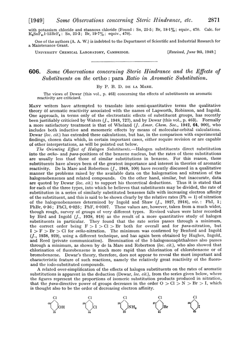 606. Some observations concerning steric hindrance and the effects of substituents on the ortho : para ratio in aromatic substitution