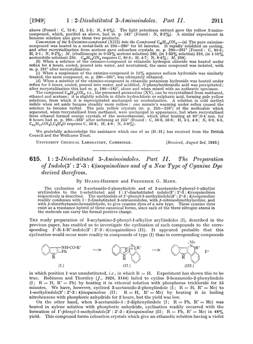 615. 1 : 2-Disubstituted 3-aminoindoles. Part II. The preparation of indolo(3′ : 2′–3 : 4)isoquinolines and of a new type of cyanine dye derived therefrom